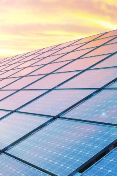 colose up solar panels on sunset.